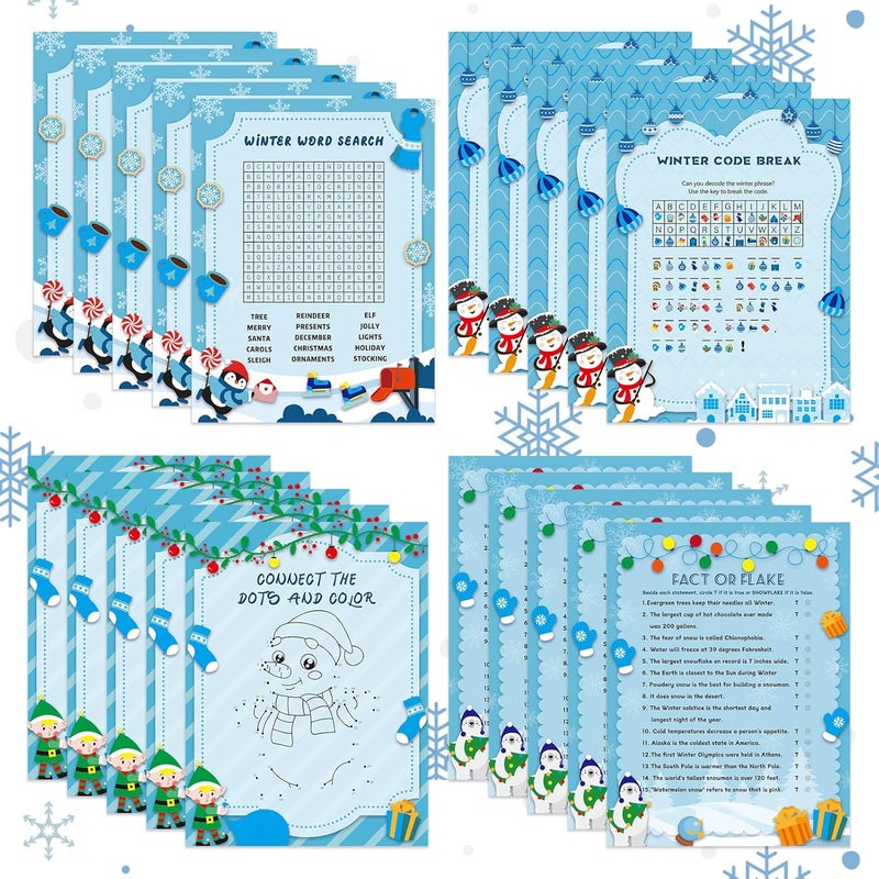 LOAVER 54 Pcs Winter Party Games Cards,Winter Holiday Word Search Code Break Fact or Flake Game Cards Set for Christmas Winter Party Supplies Group Activity - Image 1